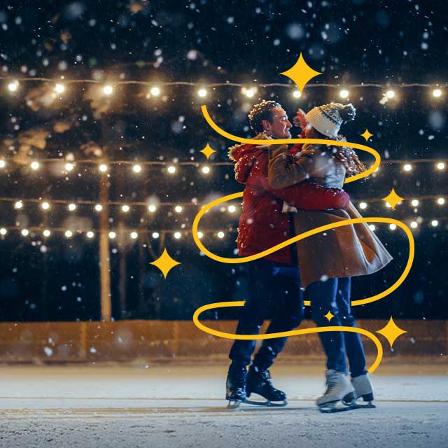 A couple joyfully embraces while skating on a snowy ice rink, surrounded by twinkling string lights. A whimsical yellow swirl adds a magical touch.