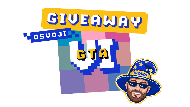 Пиксел арт банер за giveaway са натписом „GIVEAWAY osvojI GTA VI” и илустрацијом насмејаног мушкарца са шеширом