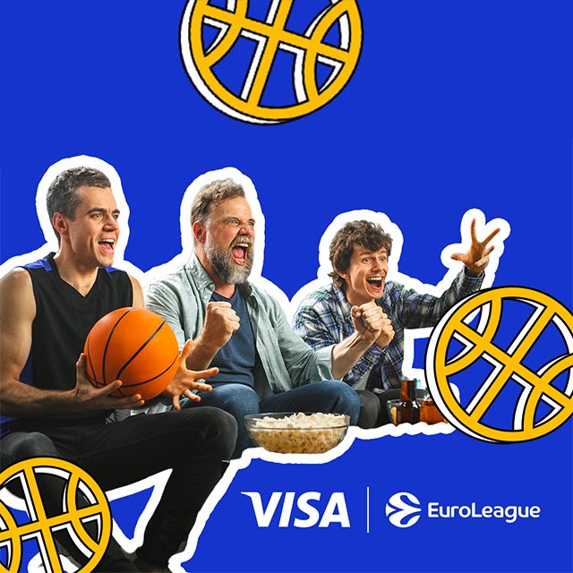 Three excited men cheer while watching basketball, surrounded by stylized basketball illustrations. A basketball and snacks are visible. Logos for Visa and EuroLeague are at the bottom.